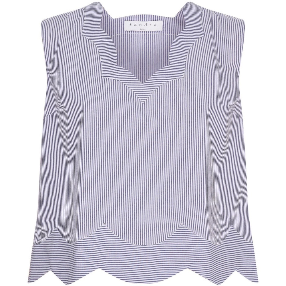 Sandro Paris Blue & White Striped Scalloped Top